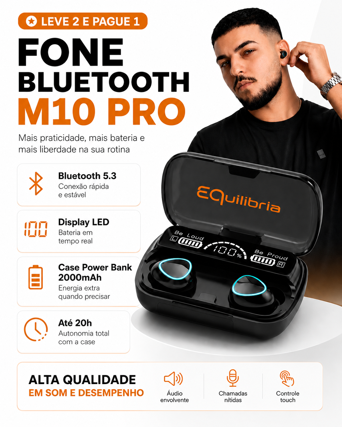 Fone Bluetooth M10 Pro com Display LED e Case Power Bank 2000mAh - Equilibria Brasil